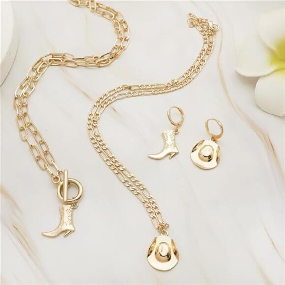Cowgirl chic Western Necklace Earrings Jewelry Set For Women Chunky Gold tone - Picture 3 of 7
